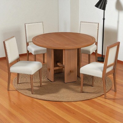 5-Piece Round Dining Table Set with 4 Upholstered Chairs, Wood Base, Modern Farmhouse Dining Set for Kitchen or Dining Room