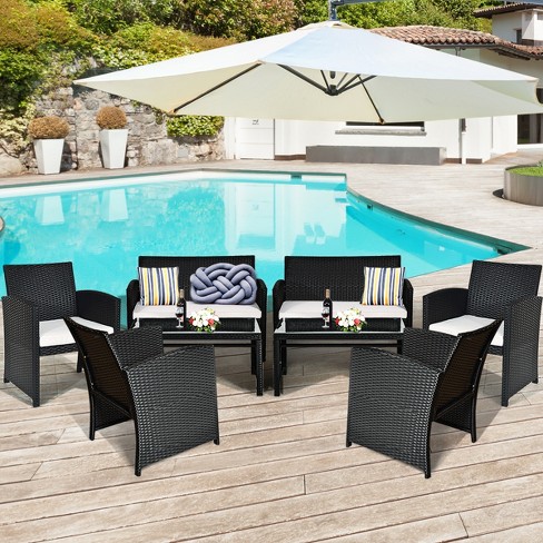 Costway 4PCS Patio Rattan Furniture Set Conversation Glass Table