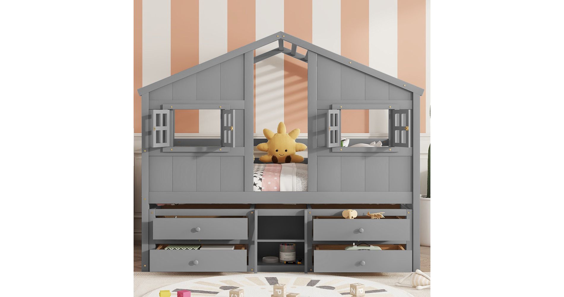 Whisen Full Size House Loft Bed with Roof, Windows, 4 Drawers and Guardrails for Children - Grey