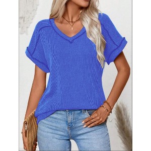 Clearlove Women's Summer V-Neck Blouse Twist Strip Color Matching Short-Sleeved Loose T-Shirt - 1 of 2