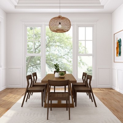 72" Solid Pine Wood Dining Table Set with 6 Black Chairs, Wirebrush Finish