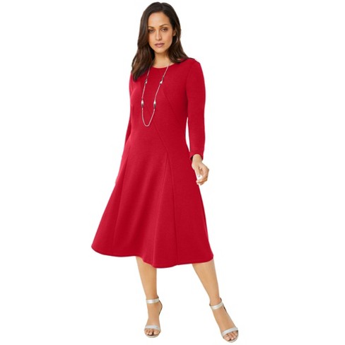 Jessica London Women's Plus Size Long Sleeve Ponte Dress, 14 W - Classic Red