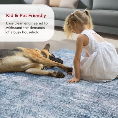 Sustainably-Sourced Blue Abstract 5' x 8' Washable Area Rug