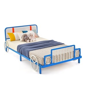 Infans Twin Size Kids Bed Frame Car Shaped Metal Platform Bed w/ Upholstered Headboard - 1 of 4