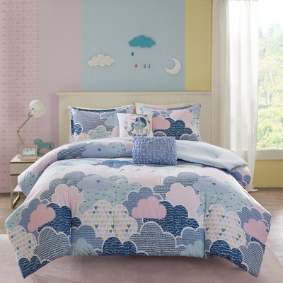 5 Pcs Lovely Cloud Print Cotton Comforter Set, All Season Home Textile fits Child's Bedroom Decor