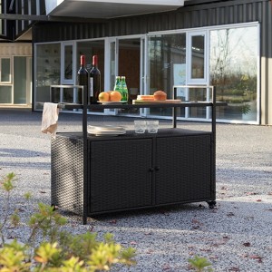 VisioGear Outdoor Bar Cart, Patio Wine Serving Cart, Rolling Rattan Beverage Bar Counter Table for Party, Black, 51.18"*19.69"*35.43" - 1 of 4
