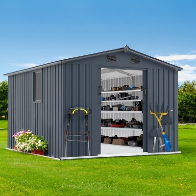 8x10 FT Outdoor Backyard Storage Shed with Window and Lockable Doors, Large Metal Garden Shed,Weatherproof Storage Shed with 4 Vents-Coolbibila
