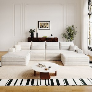 135 inch White Plush Corduroy Fabric Cloud Sectional Sofa Comfort U Shaped Sofa with 1 Ottoman for Living Room - 1 of 4