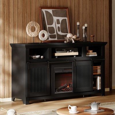 Bestier 61” Fireplace TV Stand for TVs up to 65”, LED Media TV Console Entertainment Center with 23" Fireplace Heater & Cabinet With Sliding Door
