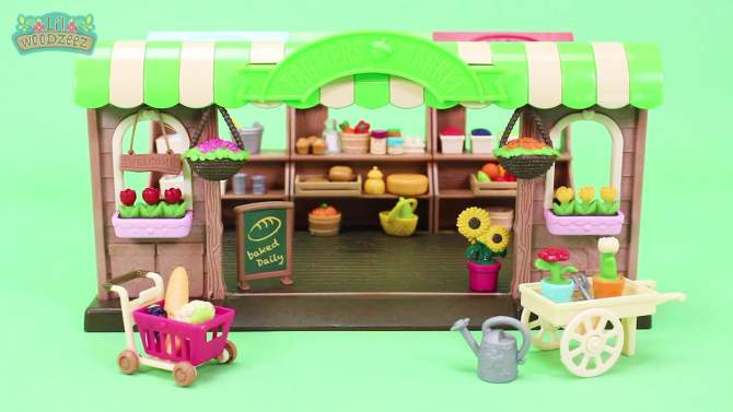 Li&#39;l Woodzeez Store Playset with Toy Food 68pc - Hoppin&#39; Farmers Market, 2 of 9, play video