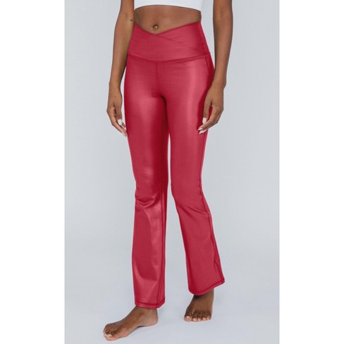 90 Degree By Reflex Interlink High Shine Cire Elastic Free Crossover V-Back  Flared Leg Yoga Pants - Rhubarb - X Large