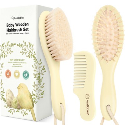 Image of Baby Hair Brush and Comb Set, Oval Wooden Baby Brush Set for Newborns, Infant, Toddler Grooming Kit (Oval, Lemon)