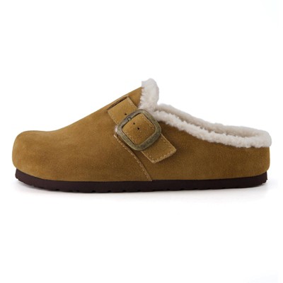 CUSHIONAIRE Haven Genuine Leather Clogs for Women – Faux Fur Lined  Slip-On Womens Shoes with Cork Footbed and Adjustable Buckle