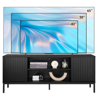 Mid Century Modern TV Table for TV's Up to 65 Inch, Entertainment Center TV Cabinet with Storage and Sliding Doors for Living Room Bedroom, Black