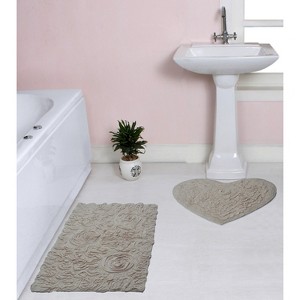 Bell Flower Collection Tufted Bath Rugs, Extra Soft and Absorbent, Non-Slip Bath Mats, Machine Washable Bathroom Mats, 2 Piece Set with Heart, Linen - 1 of 4