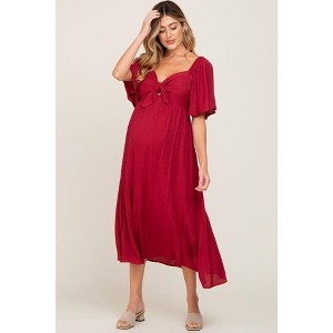 Pinkblush Burgundy Front Tie Ruffle Sleeve Maternity Midi Dress - 1 of 4