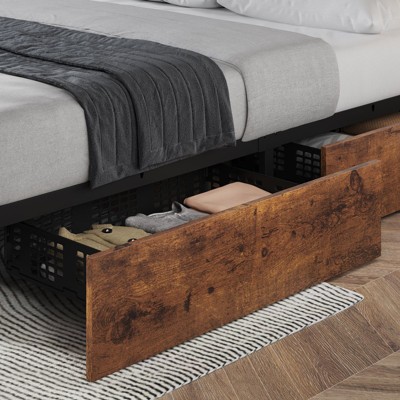 32434 Bed Frame with Storage Linen Upholstered Headboard, 4 Drawers Platform Bed Frame with Charging Station, No Box Spring Needed,  Vintage Brown
