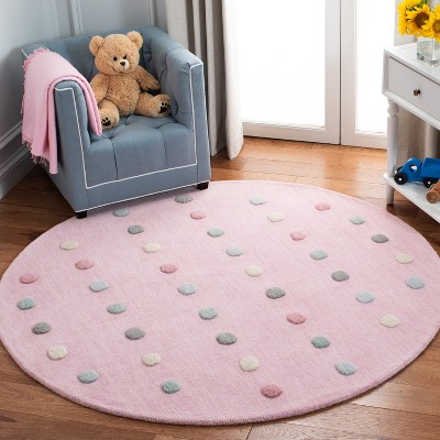 Light Pink Polka Dot Round Wool Kids Rug
