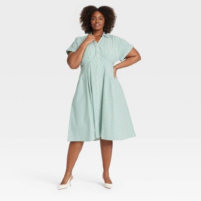 Women's Short Sleeve Pleated Midi Shirtdress - Ava & Viv™ Green Pinstripe 4X