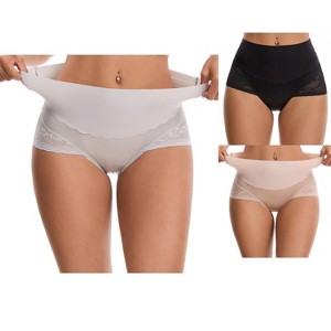 INSPIRE CHIC Women's Hi-Cut Satin High Waisted Lace Trimmed Tummy Control Underpants Briefs 3 Packs - 1 of 4