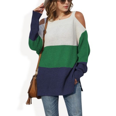 Anna-Kaci Women's Color Block Knit Sweater with Cold Shoulder Detail