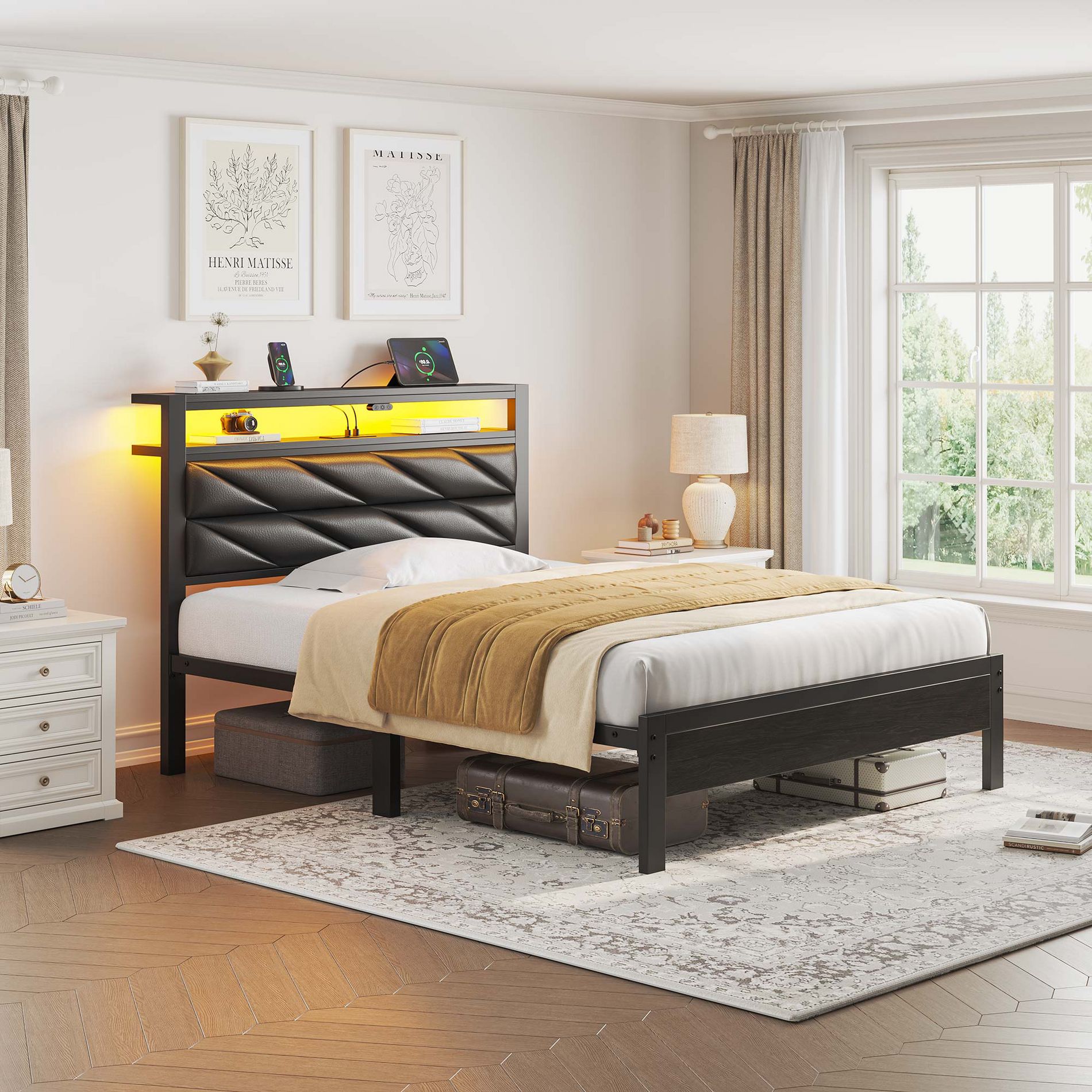Greenstell Led Bed Frame with Upholstered Storage Headboard & Charging Station