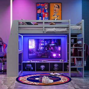 Whisen Wood Twin Size Gaming Loft Bed with Desk, Multi-storage Shelves, LED and a Hanging Clothes Rack - 1 of 4