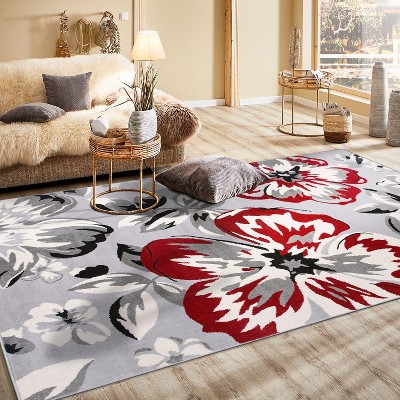 Red and Gray Floral Design 5' x 7' Area Rug