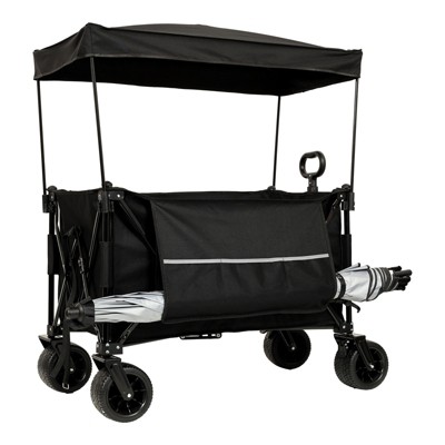 VisioGear Collapsible Foldable Extended Wagon with Canopy, Beach Wheels & Drink Holders and Side Pocket, Black, 37.4"*23.03"*42.52"