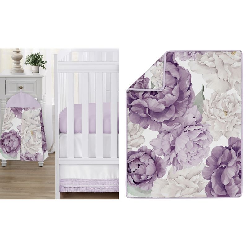 Sweet Jojo Designs Girl Baby Crib Bedding Set - Peony Floral Garden Purple Ivory 4pc, 1 of 6