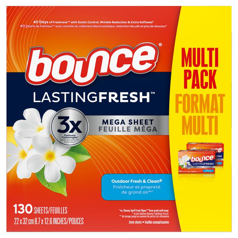 Bounce Lasting Fresh Mega Dryer Sheets, Outdoor Fresh &#38; Clean Fabric Softener Sheets for Long Lasting Freshness - 130ct, 1 of 10