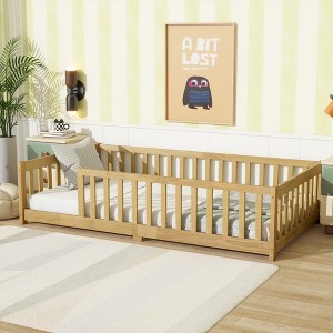 ModernLuxe Twin Size Floor Bed with Fence, Rubber Wood Bed Frame with Safety Guardrails, No Spring Box Required, Perfect for Kids - 1 of 4