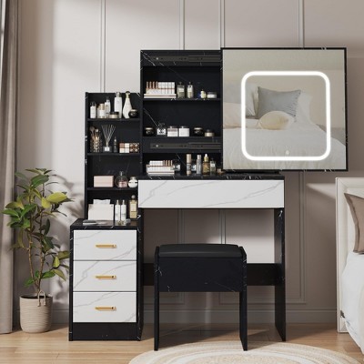 Vanity Desk with Mirror and LED Lights, Makeup Vanity Desk with Sliding Lighted Mirror, Dressing Table with 4 Drawer