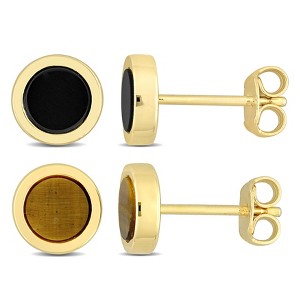 EVERLY JEWELRY | Men's 2-Piece Set 1 1/4ct Black Onyx and Tigers Eye Round Stud Earrings in Yellow Plated Sterling Silver - 1 of 4