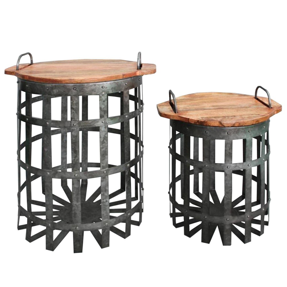 Photos - Coffee Table MANHATTAN Benzara Set of 2 Industrial Grid Galvanized Accent End Table with Round Lid and Handles Accent Tables Gray/Brown 