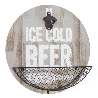 Wood Textured 'Ice Cold Beer' Bottle Opener/Cap Catcher Wall Sign Panel - Crystal Art Gallery