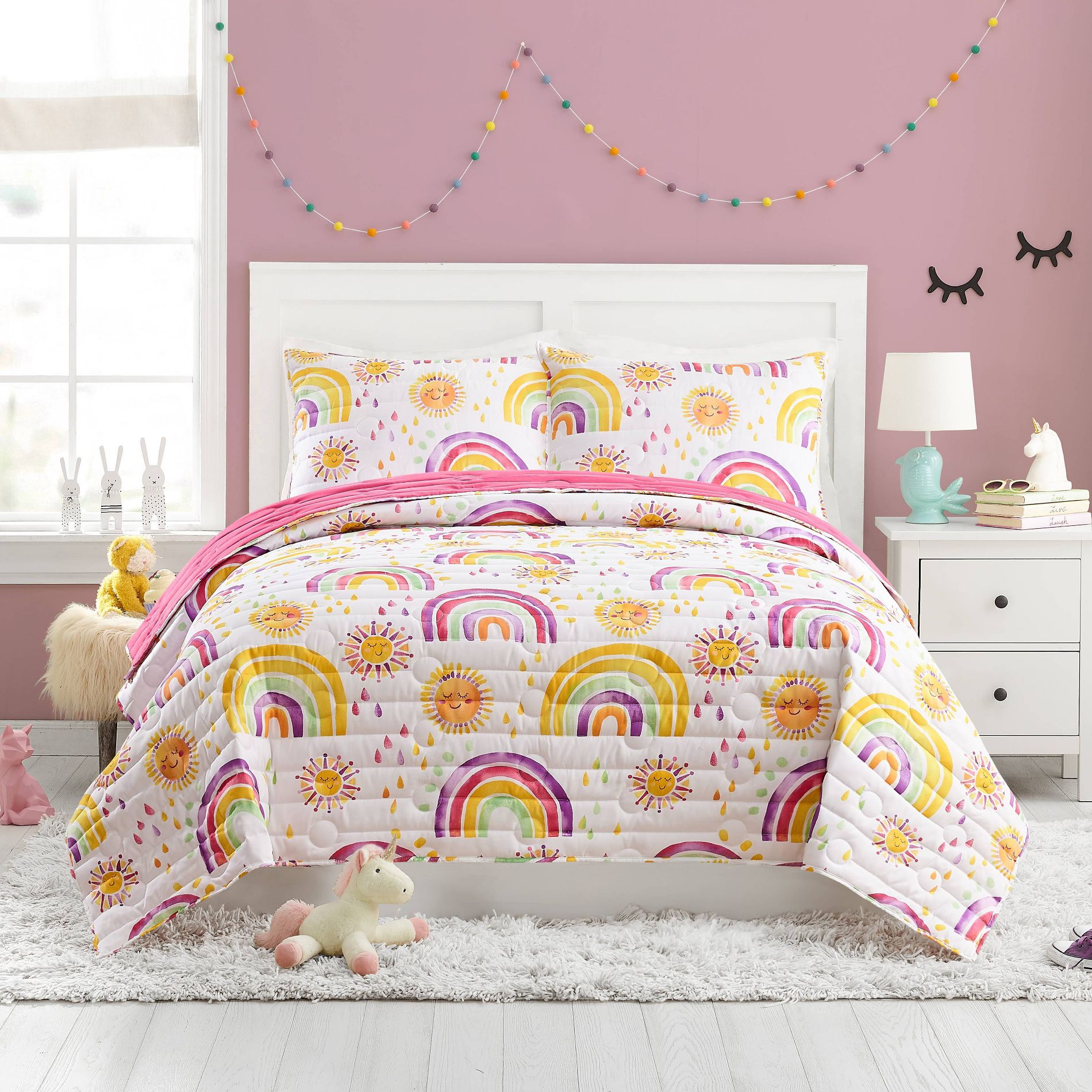 2pc Twin Rainbows and Suns Kids' Quilt Set - Urban Playground: Girls Bedding, Microfiber, Pink, Twin Quilt & Sham