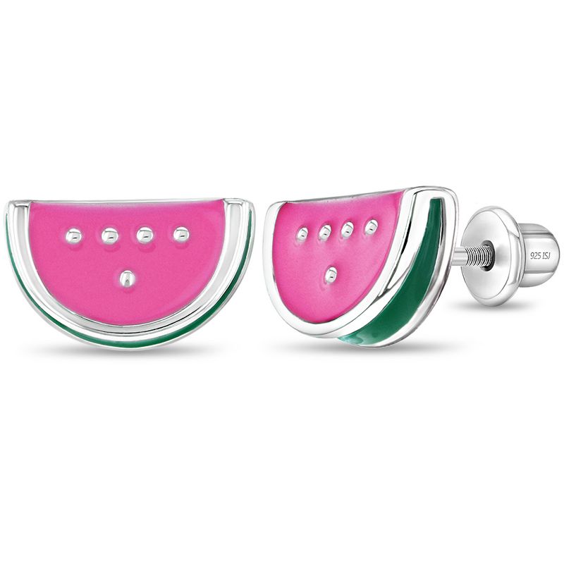 Girls' Yummy Watermelon Screw Back Sterling Silver Earrings - In Season Jewelry, 1 of 8