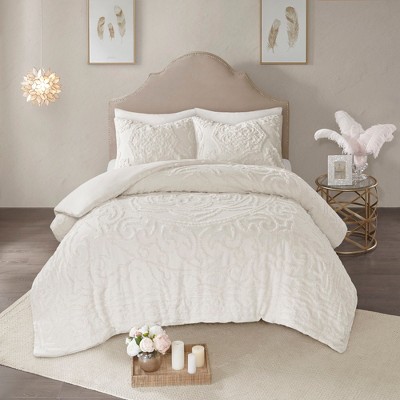 Ivory Cotton Chenille Medallion King/Cal King Duvet Cover Set