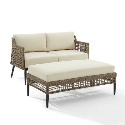 Southwick 2pc Outdoor Wicker Conversation Set with Loveseat & Coffee Table Ottoman - Cream/Light Brown - Crosley