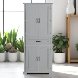72-Inch Tall Bathroom Storage Cabinet with 4 Doors, 1 Drawer, Adjustable Shelf, Metal Handles & Storage Rack, Grey - 1 of 4