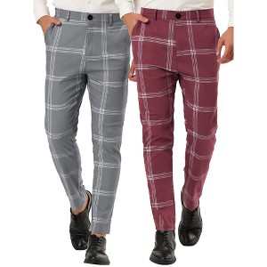 Lars Amadeus Men's Plaid Printed Slim Fit Business Office Trousers 2 Packs - 1 of 4