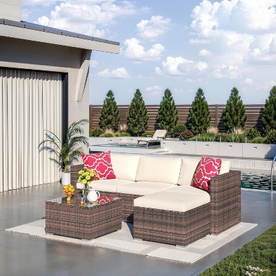 Garvee 5 Pieces Patio Furniture Set - Rattan Outdoor Sofa Set with Cushions, Wicker Sectional with Glass Coffee Table & Ottoman