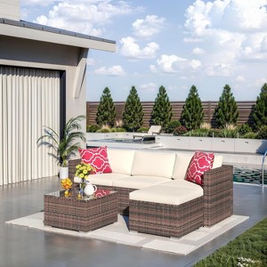 Garvee 5 Pieces Patio Furniture Set - Rattan Outdoor Sofa Set with Cushions, Wicker Sectional with Glass Coffee Table & Ottoman - 1 of 4