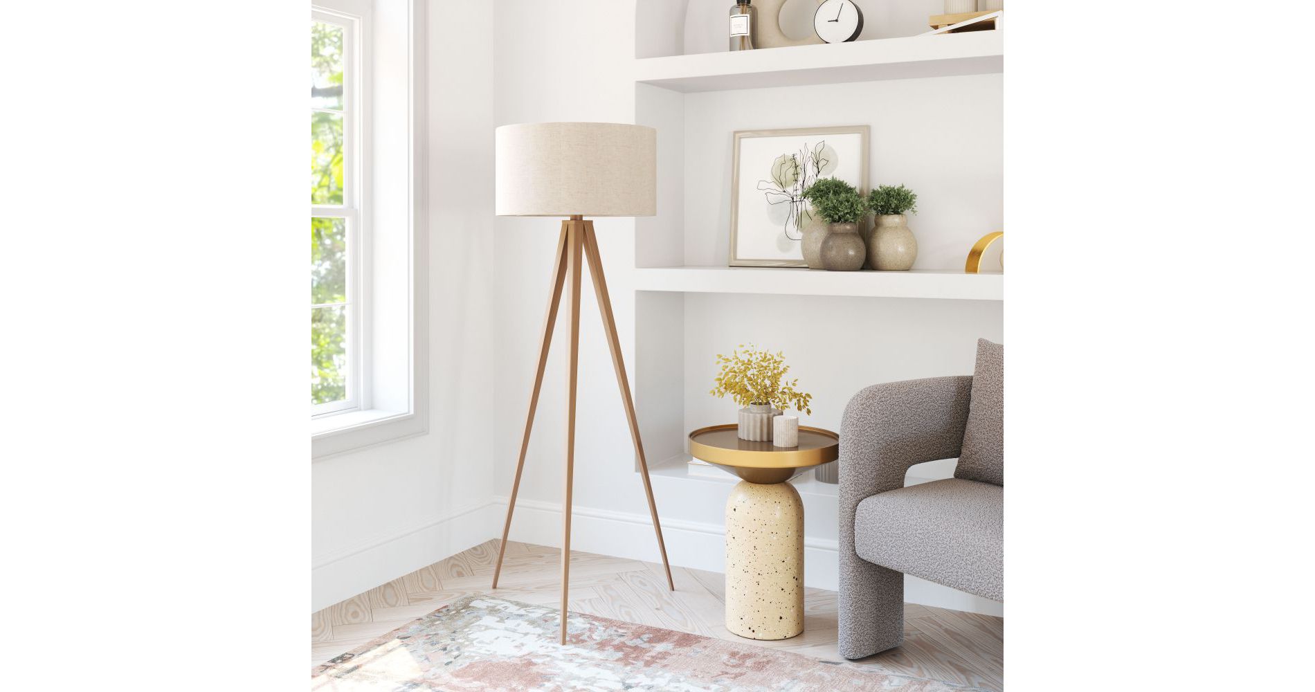 Zuo Modern Imperial Floor Lamp Beige & Natural 58.9"H – PVC & Steel Contemporary Design