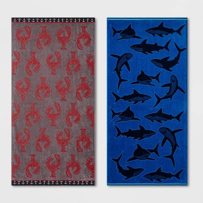 2pk XL Shark and Lobster Beach Towel Set Red/Blue - Sun Squad™