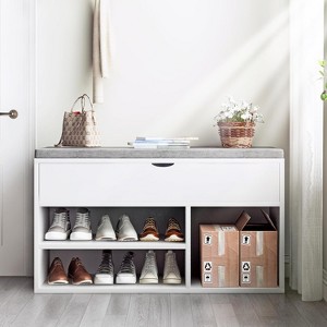 Shoe Storage Bench with Cushion, Entryway Bench with Lift-Top Storage Box and 2 Tiers Open Shoe Rack, Wooden Shoe Bench for Entryway, Bedroom - 1 of 4