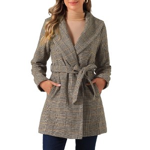 INSPIRE CHIC Women's Shawl Collar Check Belted Wrap Plaid Coat with Pockets - 1 of 4