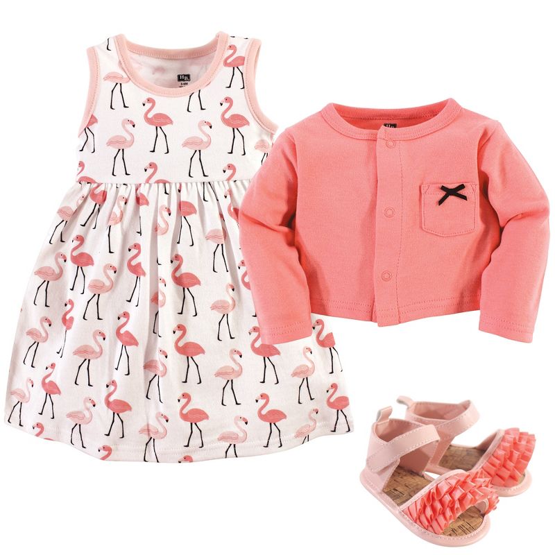 Hudson Baby Infant Girl Cotton Dress, Cardigan and Shoe 3pc Set, Flamingos, 3 of 4