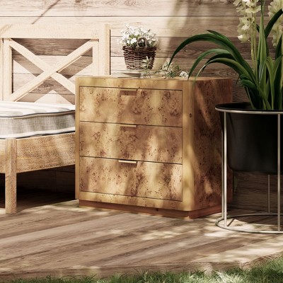 JIONJOY Rustic Burl Wood Nightstand - Farmhouse 3-Drawer Dresser with Gold Metal Handles